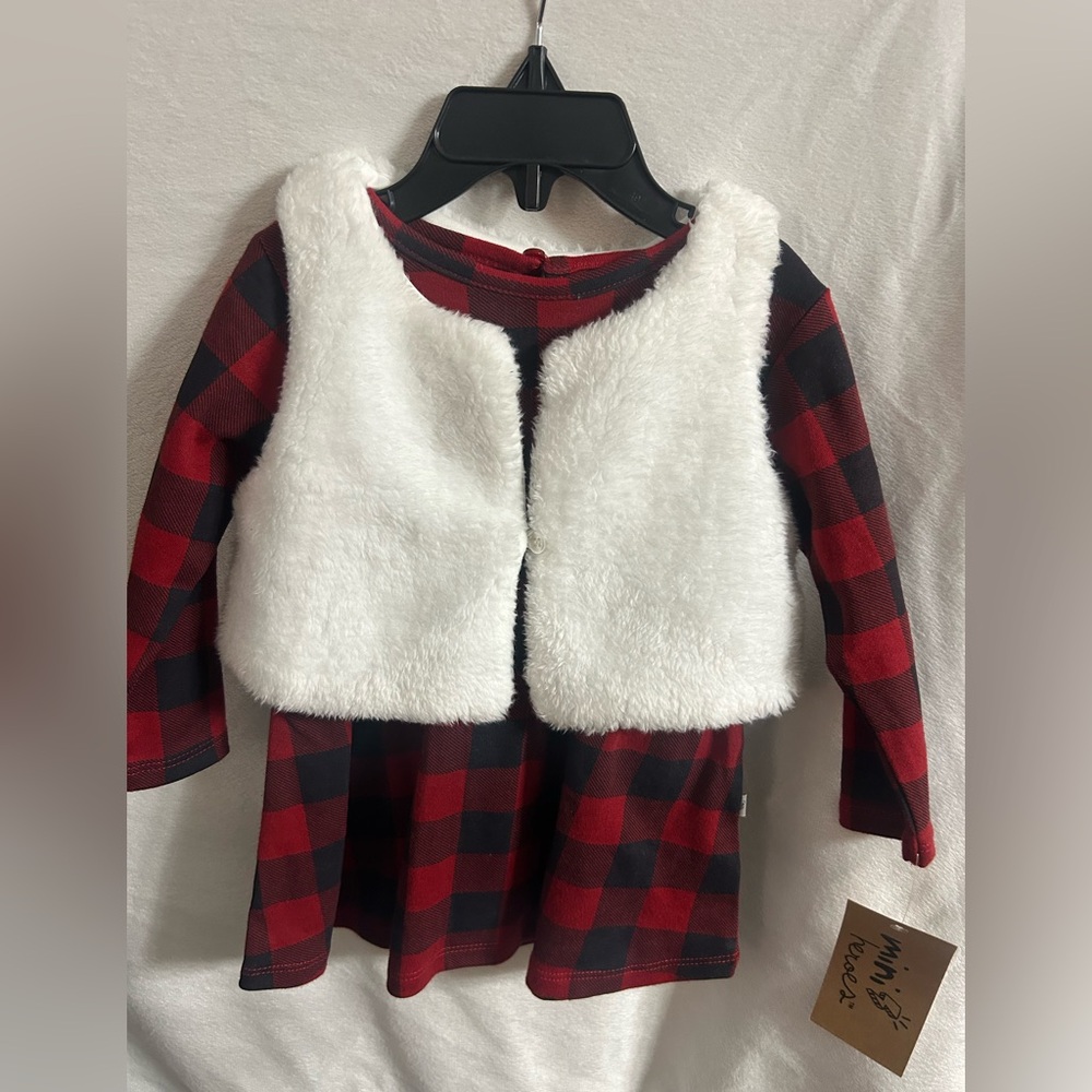 Red and Black Plaid Dress with White Faux Fur Vest
